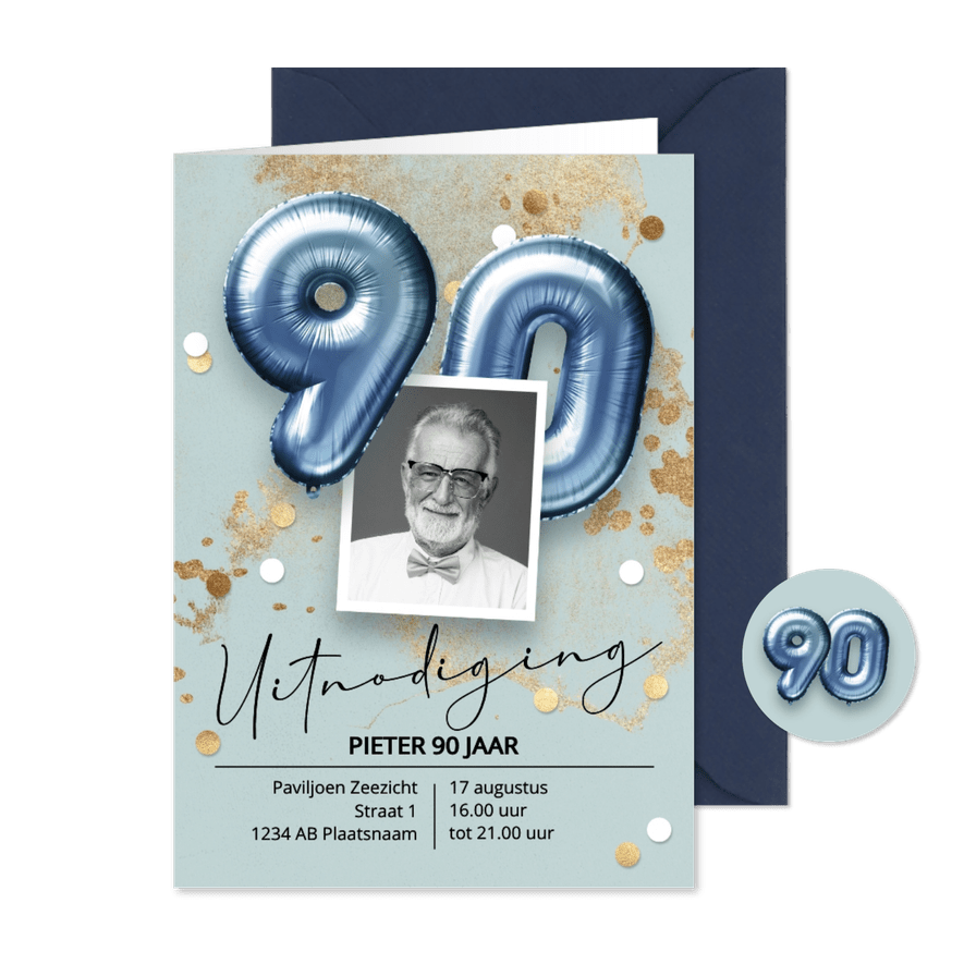 Uitnodiging verjaardag 90 jaar ballonnen - Kaartimpressie