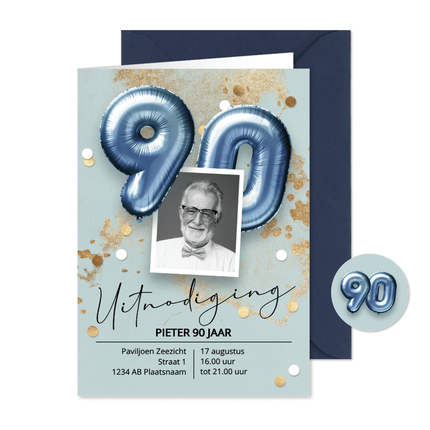 Uitnodiging verjaardag 90 jaar ballonnen - Kaartimpressie