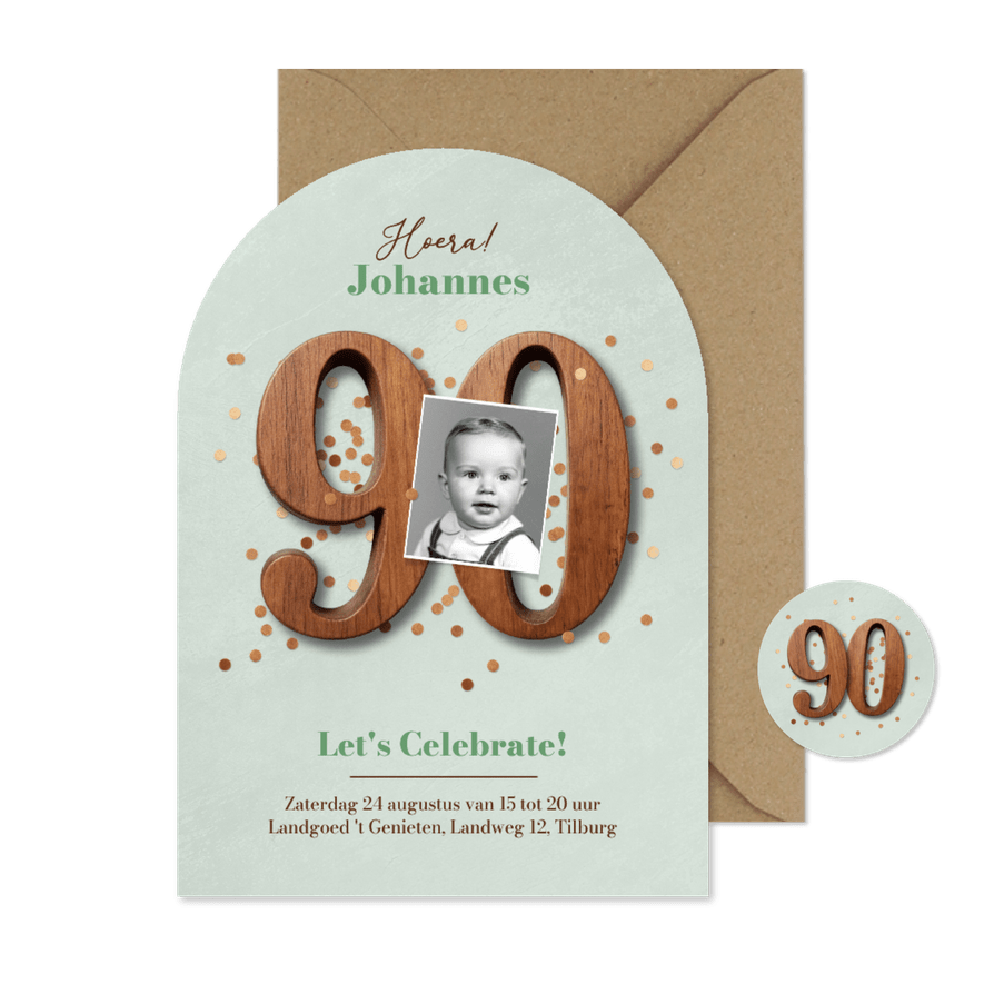 Uitnodiging verjaardag 90 vintage houten cijfers confetti - Kaartimpressie