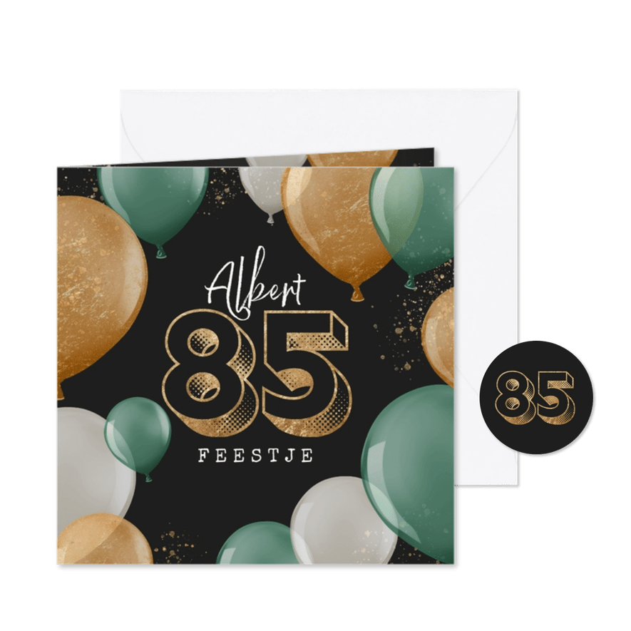 Uitnodiging verjaardag ballonnen groen goud spetters 85 - Kaartimpressie