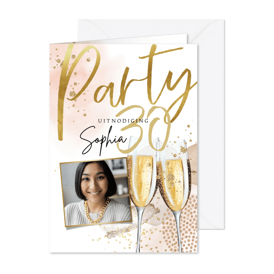 Uitnodiging verjaardag champagne waterverf en goudlook - Kaartimpressie