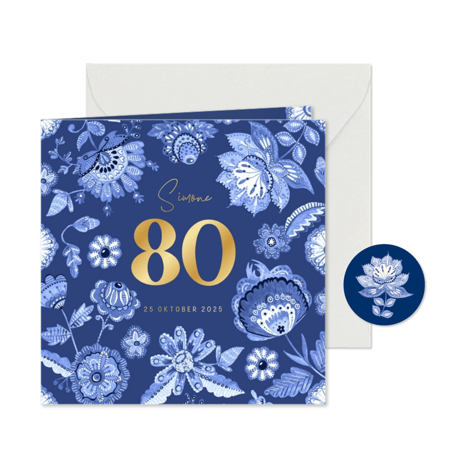Uitnodiging verjaardag Delfts blauw bloemenkader - Kaartimpressie