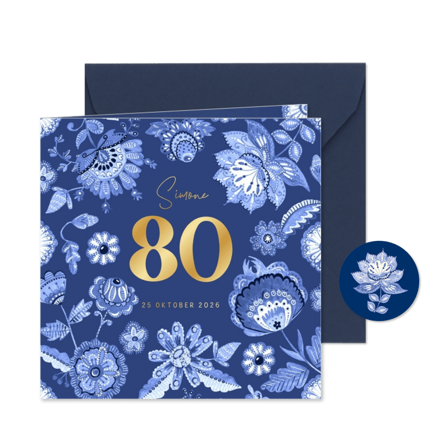 Uitnodiging verjaardag Delfts blauw bloemenkader - Kaartimpressie