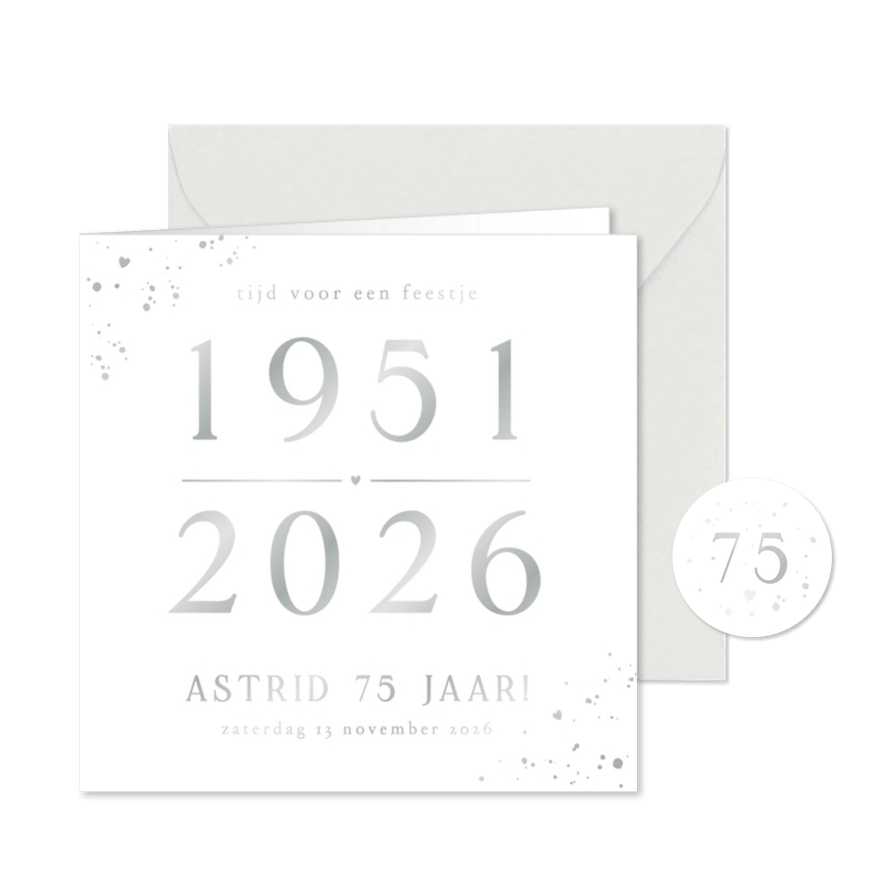 Uitnodiging verjaardag feest 75 jaar met zilverfolie - Kaartimpressie