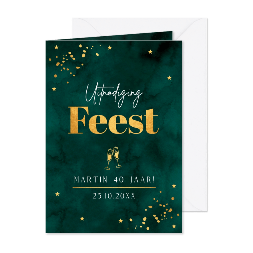 Uitnodiging verjaardag feest man groen goudlook  - Kaartimpressie
