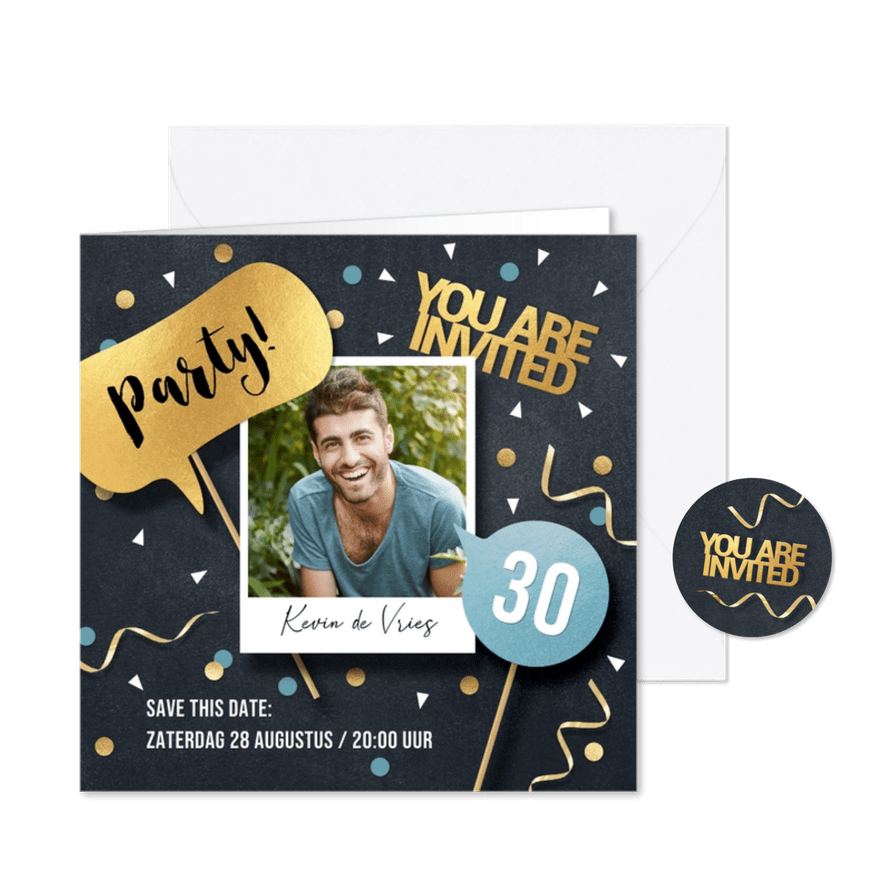 Uitnodiging verjaardag feest man props - Kaartimpressie