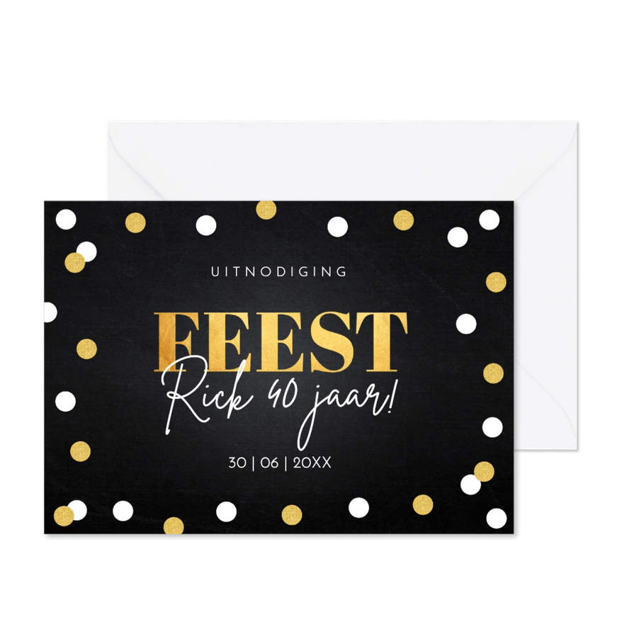 Uitnodiging verjaardag feest man zwart goudlook confetti - Kaartimpressie