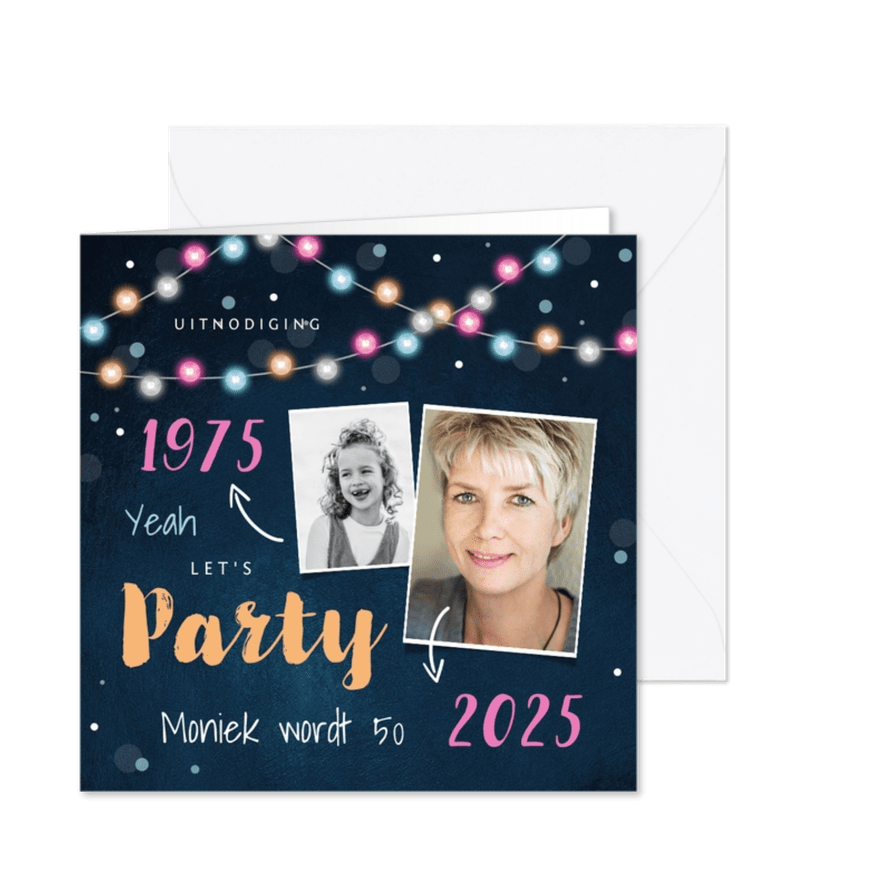 Uitnodiging verjaardag feestelijk lichtslinger confetti foto - Kaartimpressie