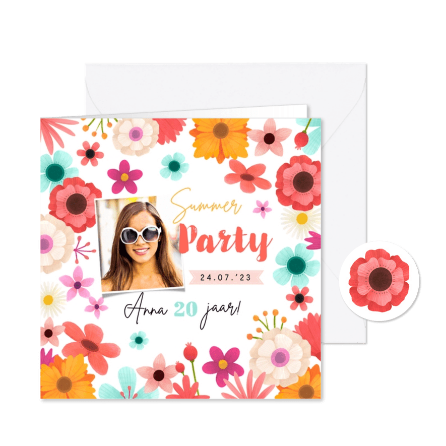Uitnodiging verjaardag feestje bloemen foto zomerfeest - Kaartimpressie