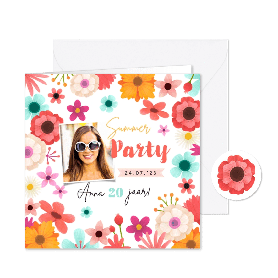 Uitnodiging verjaardag feestje bloemen foto zomerfeest - Kaartimpressie