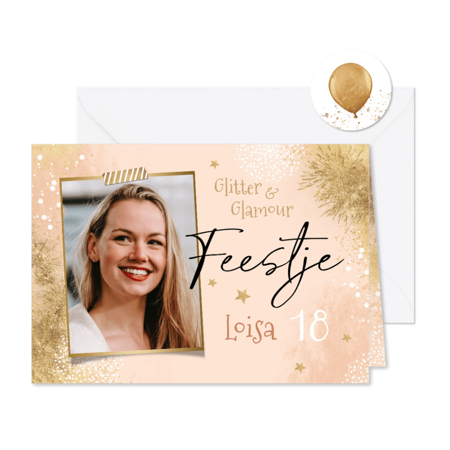 Uitnodiging verjaardag feestje glitter glamour goud foto - Kaartimpressie