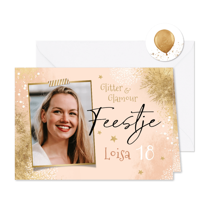 Uitnodiging verjaardag feestje glitter glamour goud foto - Kaartimpressie