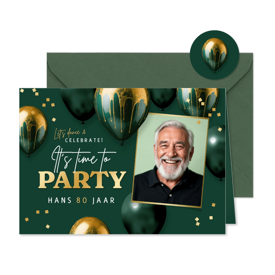 Uitnodiging verjaardag feestje goud groen ballonnen confetti - Kaartimpressie