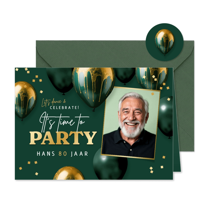Uitnodiging verjaardag feestje goud groen ballonnen confetti - Kaartimpressie