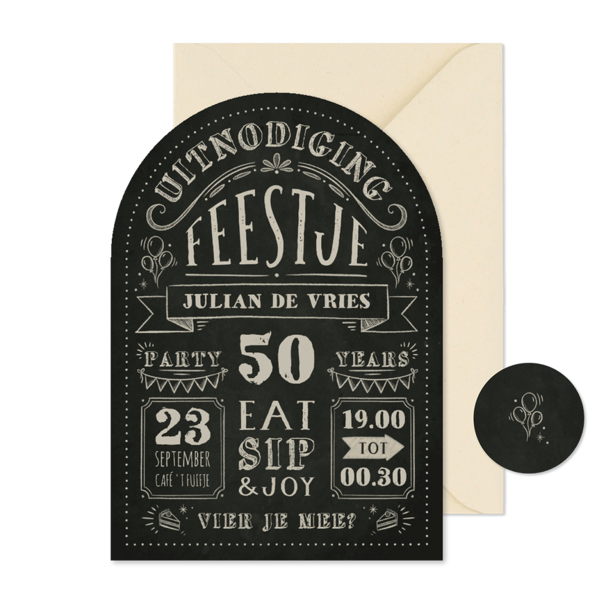 Uitnodiging verjaardag feestje krijtbord boog hip - Kaartimpressie