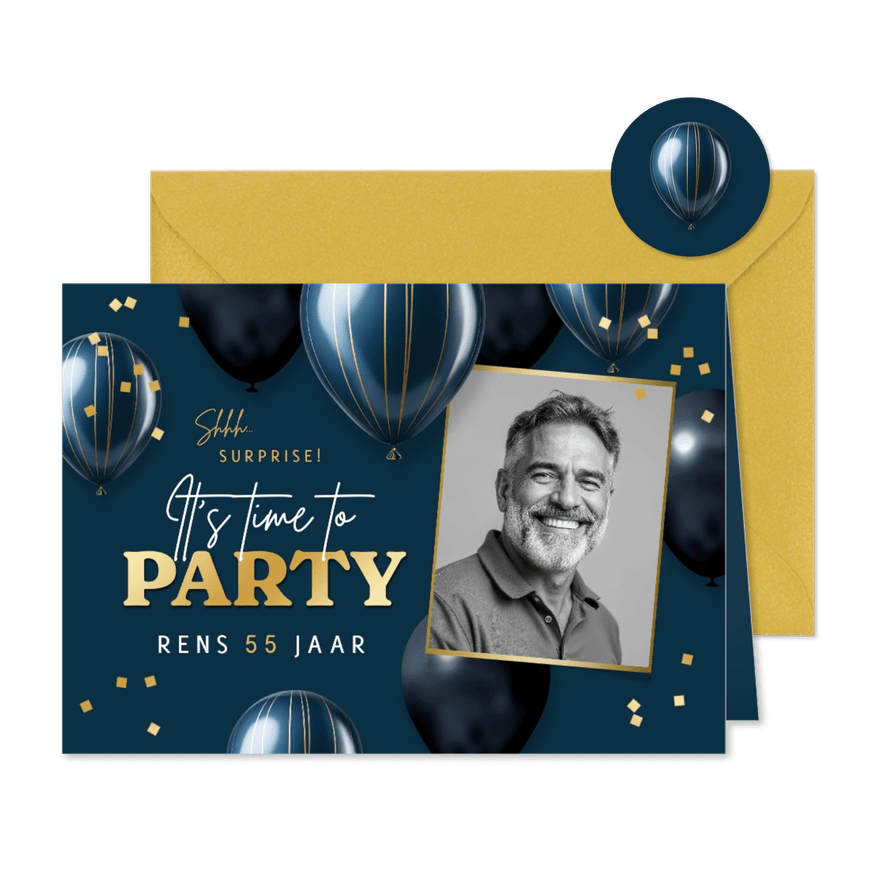 Uitnodiging verjaardag feestje surprise ballonnen confetti - Kaartimpressie