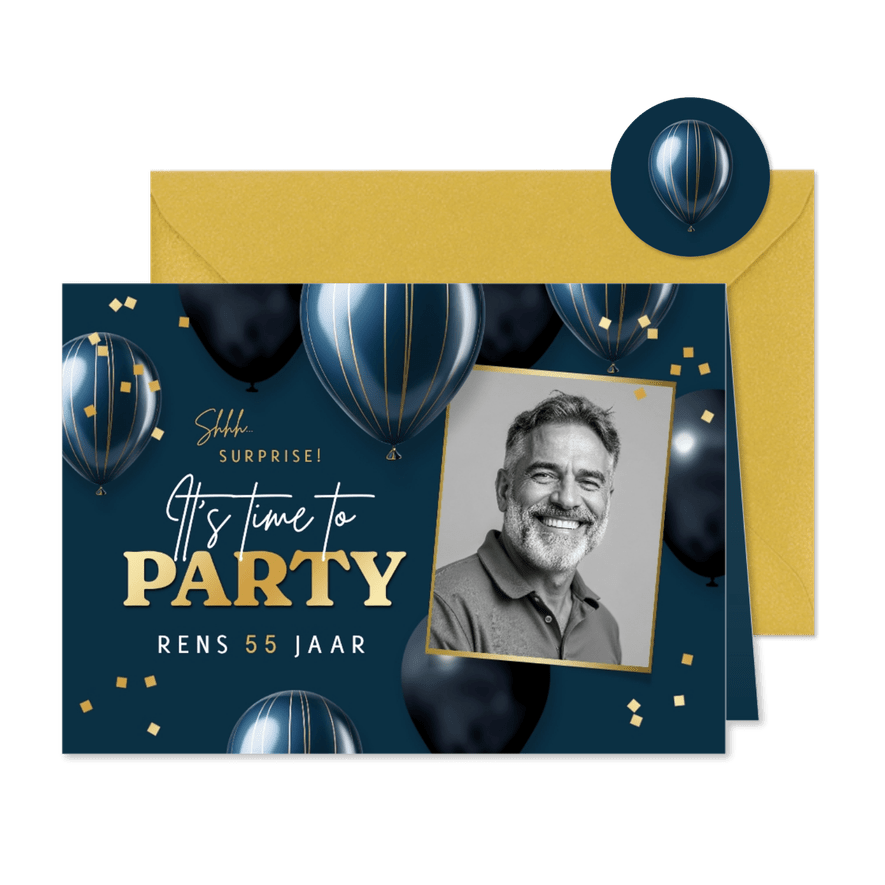 Uitnodiging verjaardag feestje surprise ballonnen confetti - Kaartimpressie