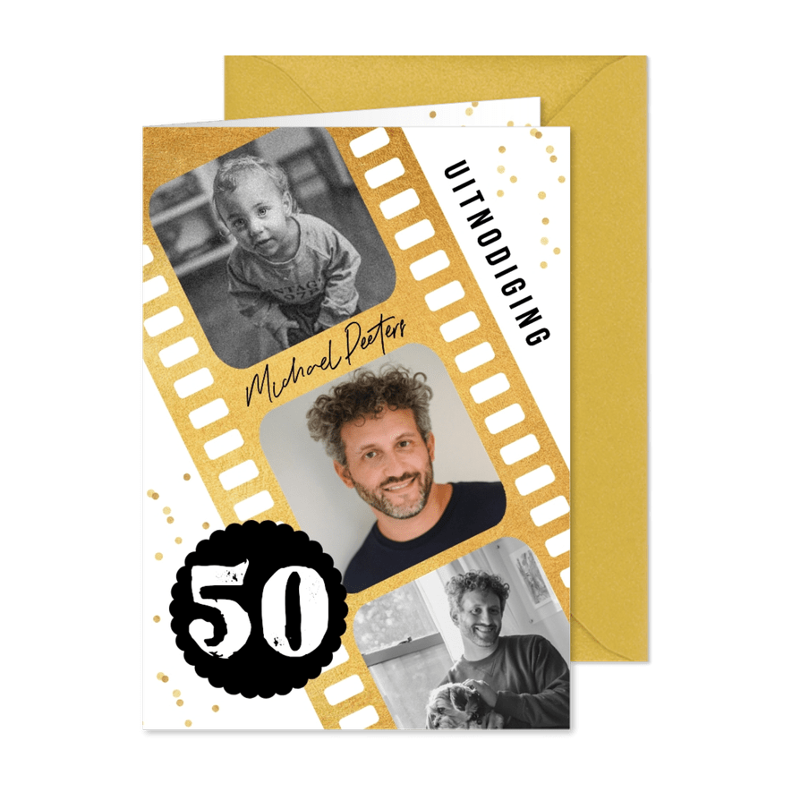 Uitnodiging verjaardag filmstrip goud foto confetti - Kaartimpressie