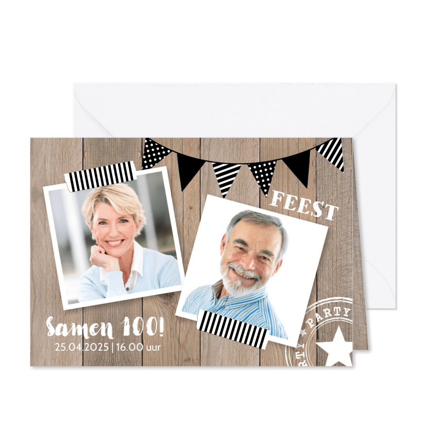 Uitnodiging verjaardag fotocollage houtlook slinger - Kaartimpressie