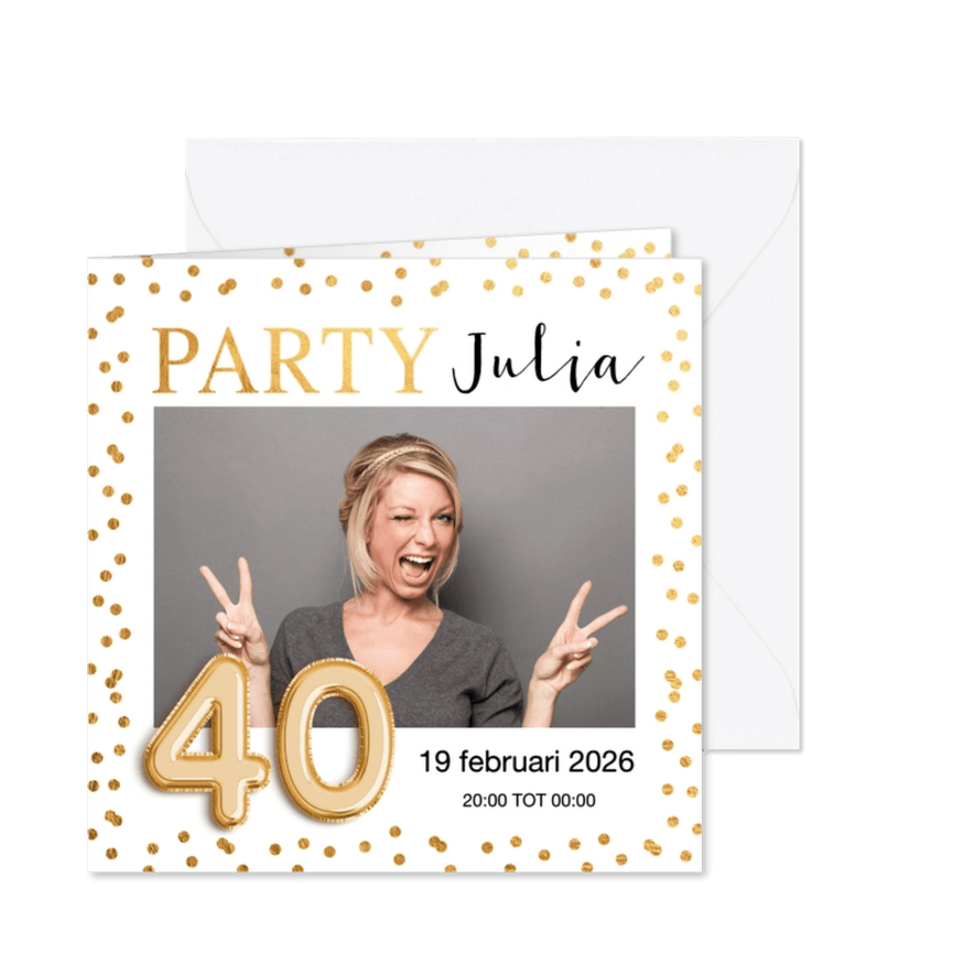 Uitnodiging verjaardag gouden confetti ballon 40 jaar - Kaartimpressie