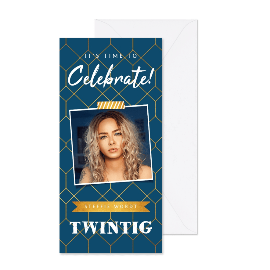 Uitnodiging verjaardag grafisch goudlook met foto - Kaartimpressie