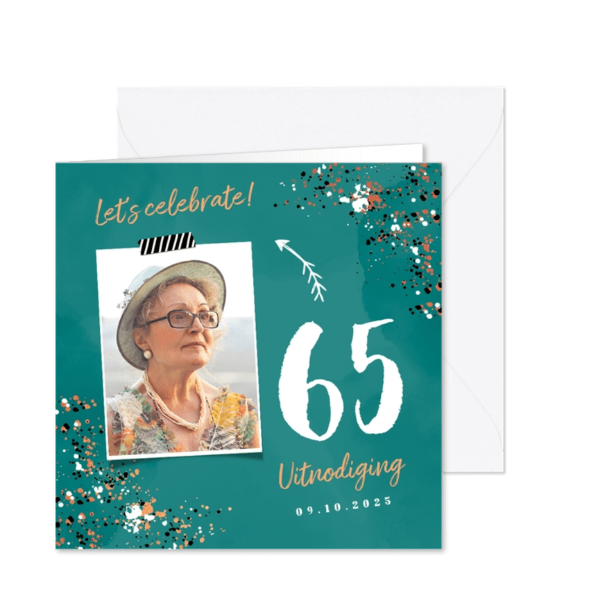 Uitnodiging verjaardag hip met spetters en foto - Kaartimpressie