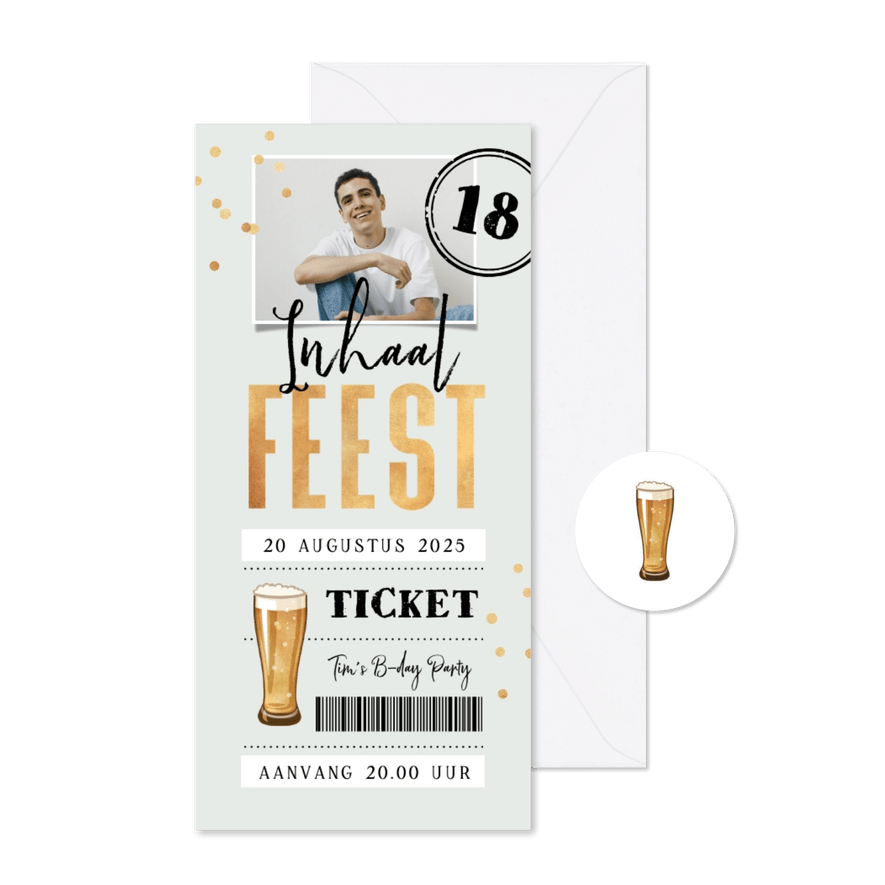 Uitnodiging verjaardag inhaalfeest bier ticket foto confetti - Kaartimpressie