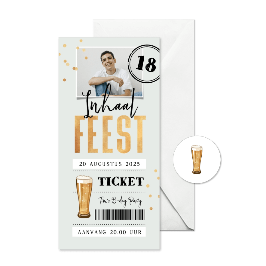 Uitnodiging verjaardag inhaalfeest bier ticket foto confetti - Kaartimpressie