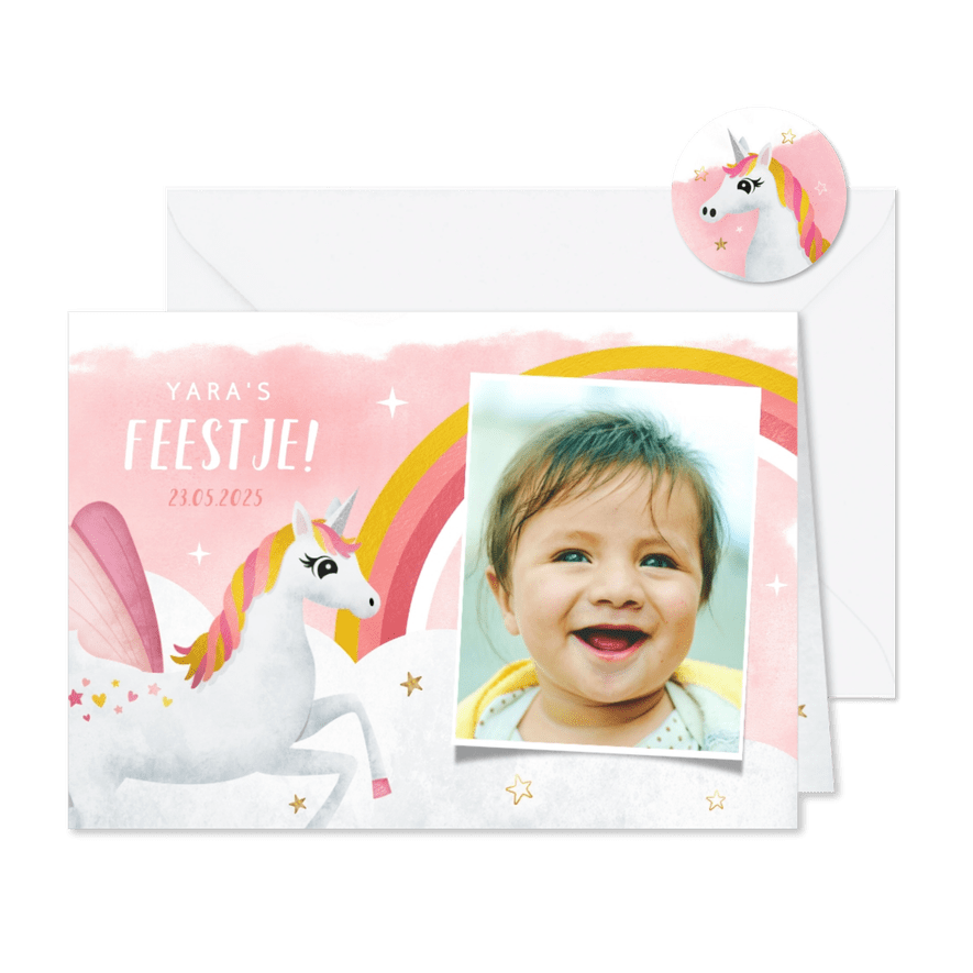 Uitnodiging verjaardag kind met eenhoorn en regenboog - Kaartimpressie