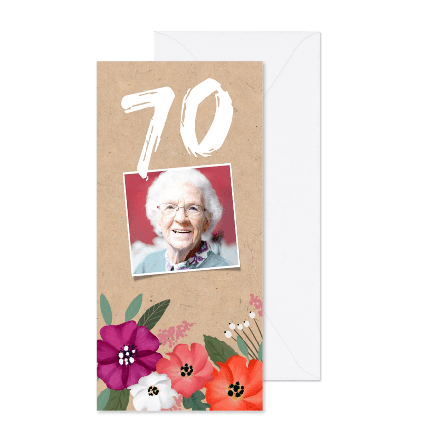 Uitnodiging verjaardag kraft met vrolijke bloemen en foto - Kaartimpressie