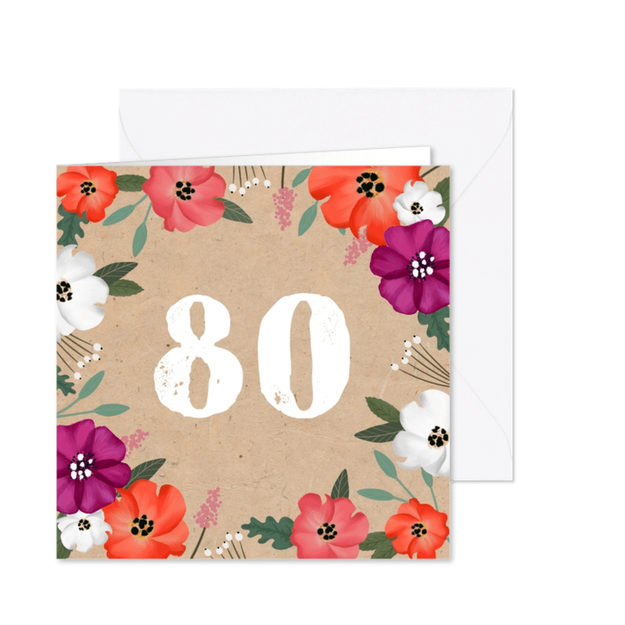 Uitnodiging verjaardag kraftlook met vrolijke bloemen - Kaartimpressie