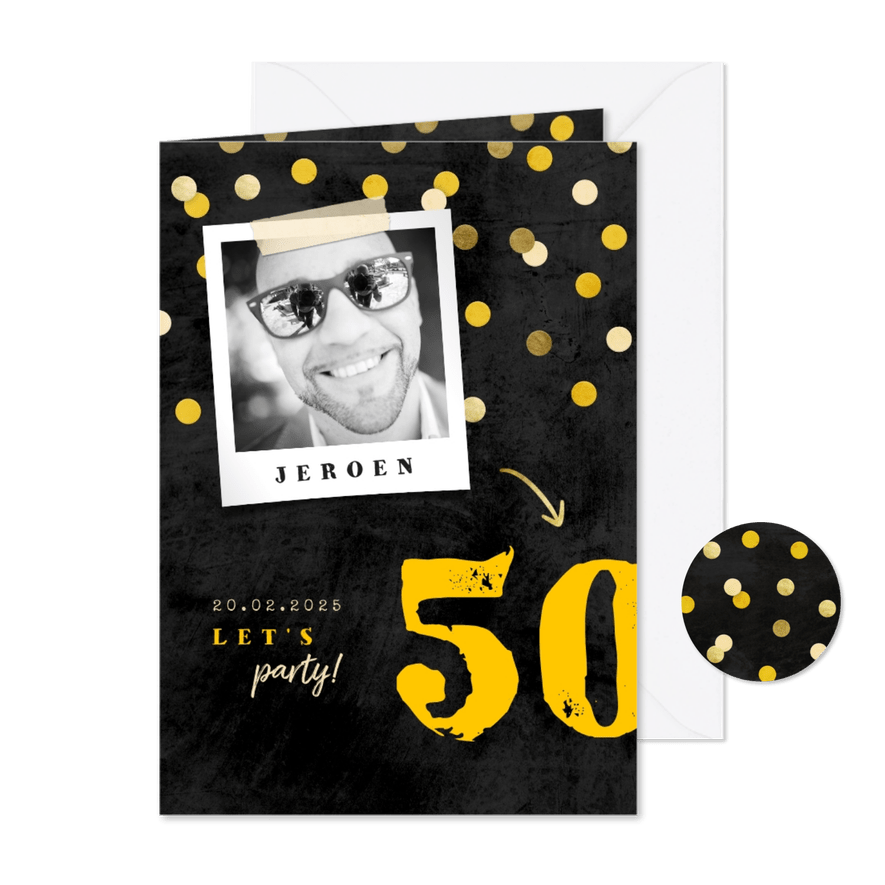 Uitnodiging verjaardag krijtbord met confetti aanpasbaar - Kaartimpressie