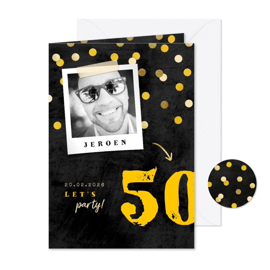 Uitnodiging verjaardag krijtbord met confetti aanpasbaar - Kaartimpressie