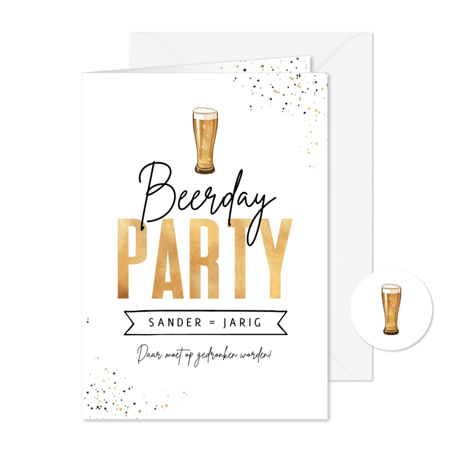Uitnodiging verjaardag man bier beerday spetters goud - Kaartimpressie