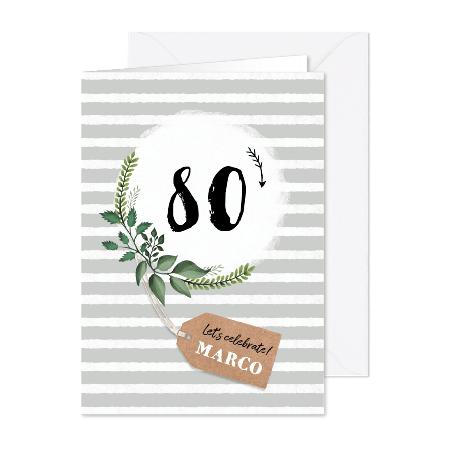 Uitnodiging verjaardag man hip met blaadjes  en label - Kaartimpressie