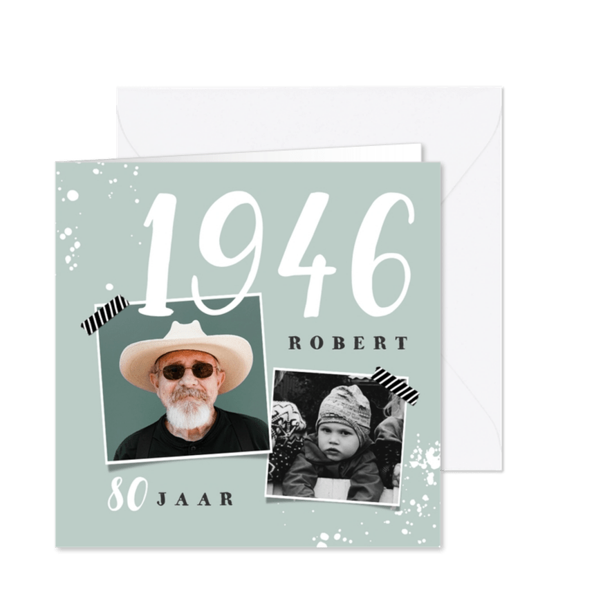 Uitnodiging verjaardag man met foto's en jaartal - Kaartimpressie