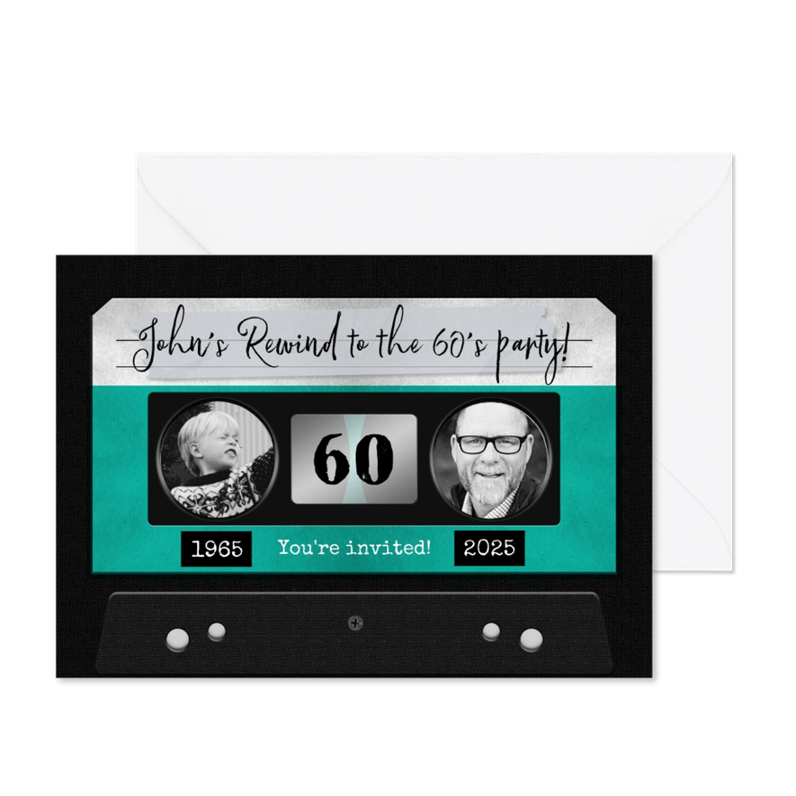 Uitnodiging verjaardag man retro cassette muziek - Kaartimpressie