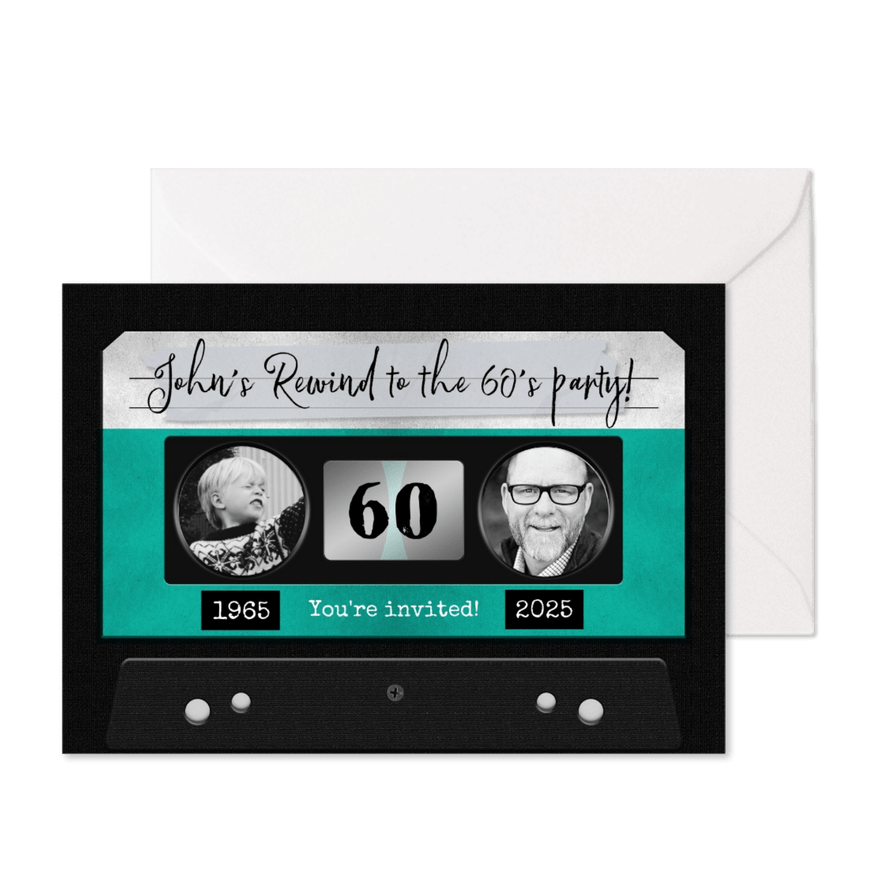 Uitnodiging verjaardag man retro cassette muziek - Kaartimpressie