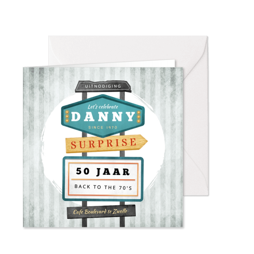 Uitnodiging verjaardag man vintage retro signs - Kaartimpressie