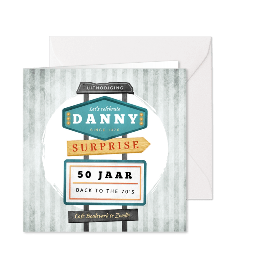 Uitnodiging verjaardag man vintage retro signs  - Kaartimpressie