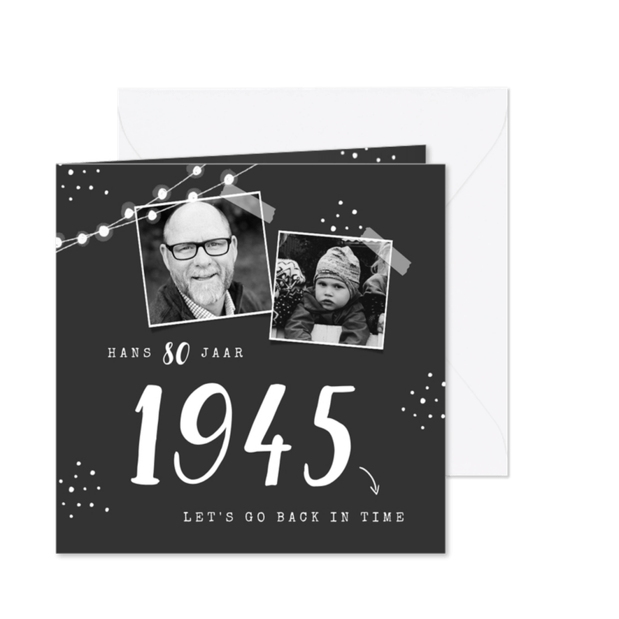Uitnodiging verjaardag met jaartal foto's en stipjes - Kaartimpressie
