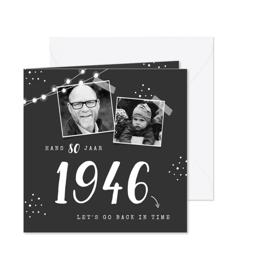 Uitnodiging verjaardag met jaartal foto's en stipjes - Kaartimpressie