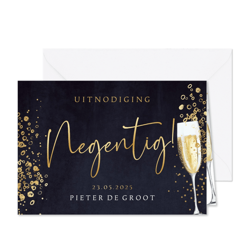 Uitnodiging verjaardag 'negentig' bubbels champagne velvet - Kaartimpressie