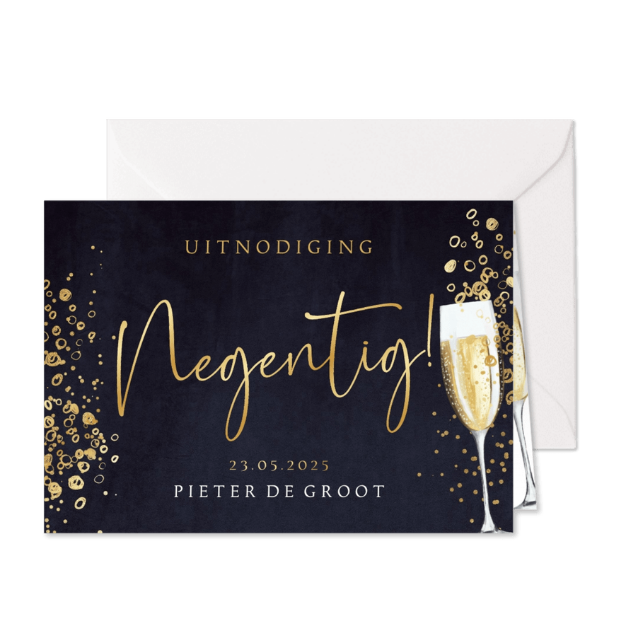 Uitnodiging verjaardag 'negentig' bubbels champagne velvet - Kaartimpressie