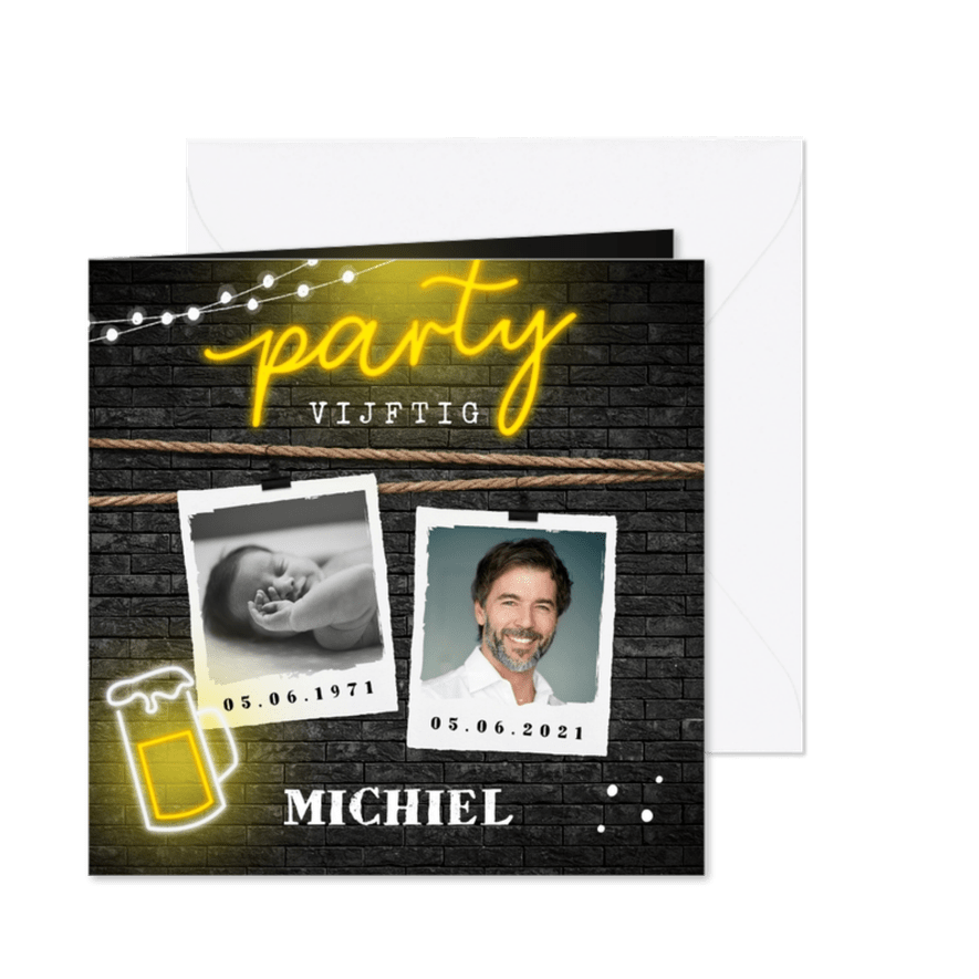 uitnodiging verjaardag neon bier party geel zwart - Kaartimpressie