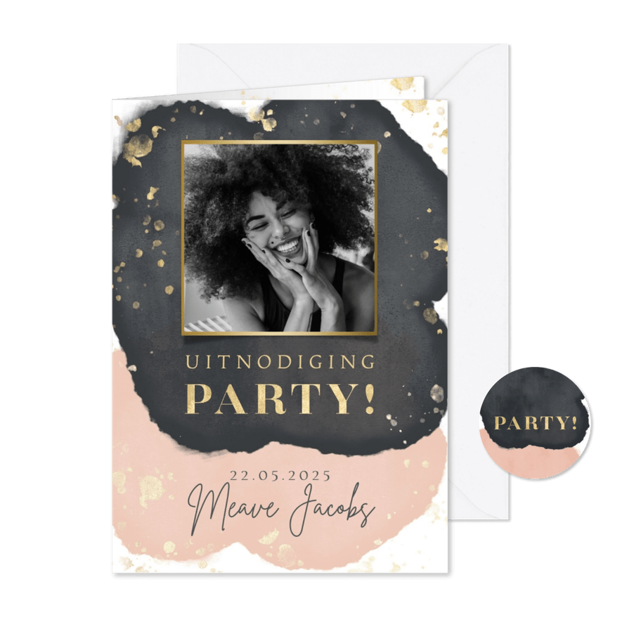 Uitnodiging verjaardag party goud spetters waterverf & foto - Kaartimpressie