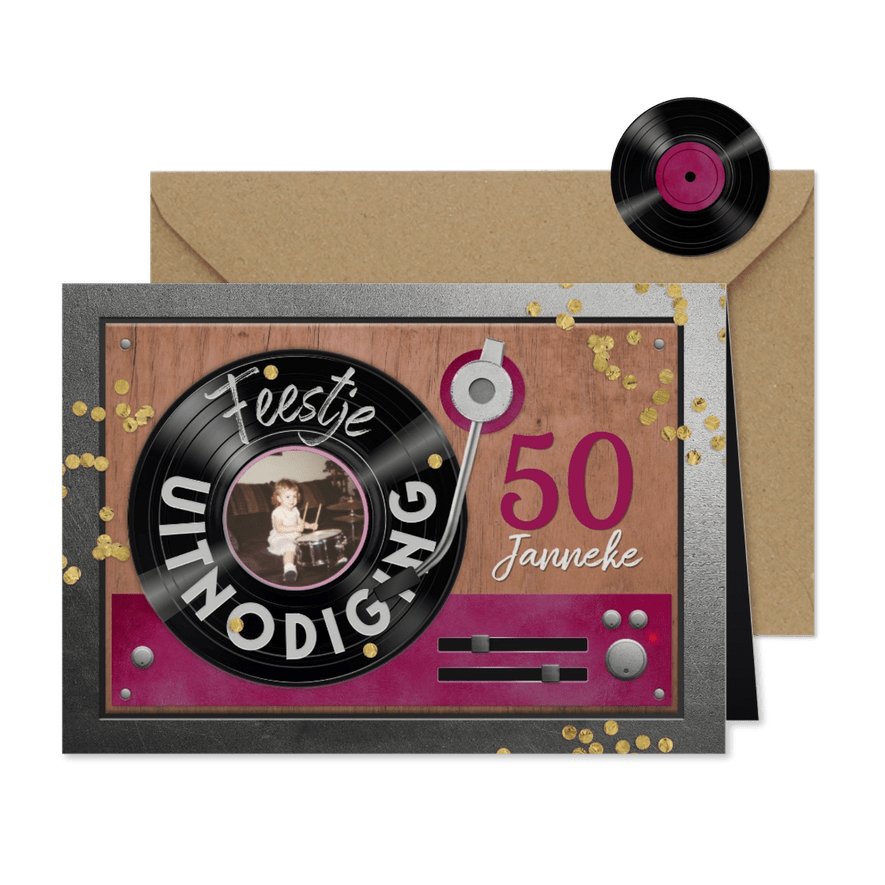 Uitnodiging verjaardag platenspeler vinyl lp foto roze - Kaartimpressie