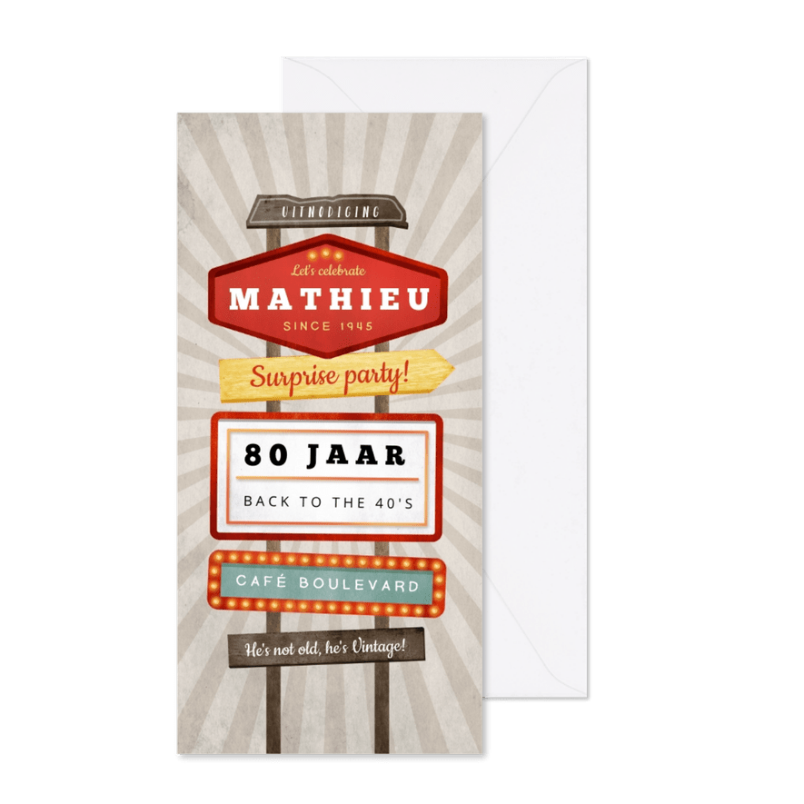 Uitnodiging verjaardag retro vintage man wegwijzers - Kaartimpressie