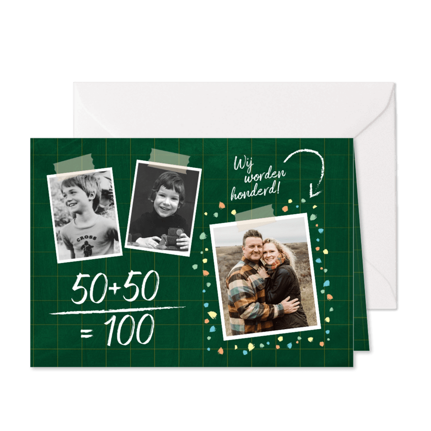 Uitnodiging verjaardag samen 100 jaar fotos op krijtbord - Kaartimpressie