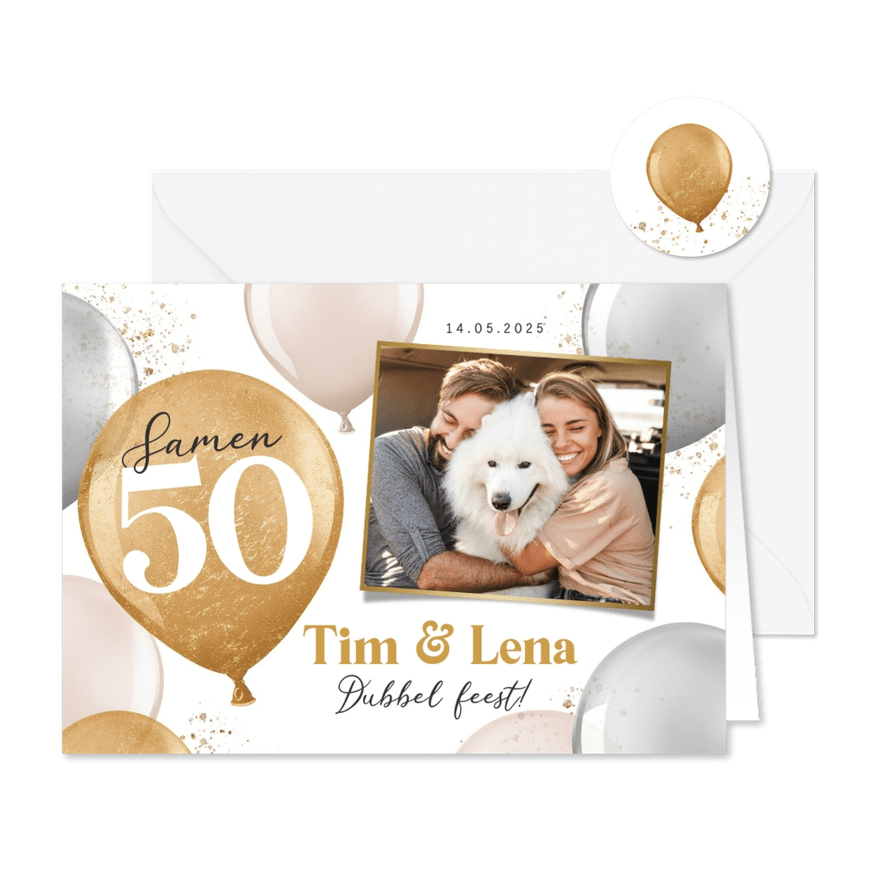 Uitnodiging verjaardag samen 50 ballonnen goud foto - Kaartimpressie